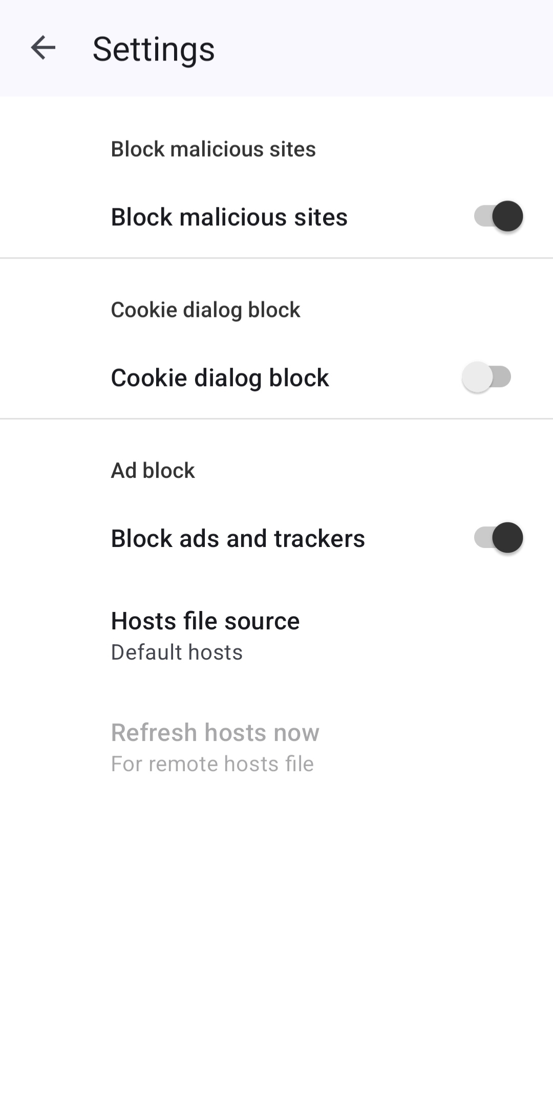 Privacy Settings — Built-in ad blocker, cookie dialog blocker & malicious site protection